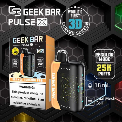 The Geek Bar Pulse X with the world’s first 3D curved screen, 25K puffs, and dual mesh coils for enhanced flavor.