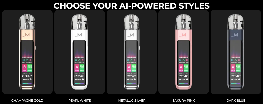 Variety of Dr. Air X vape pod colors, including Champagne Gold, Pearl White, Metallic Silver, Sakura Pink, and Dark Blue