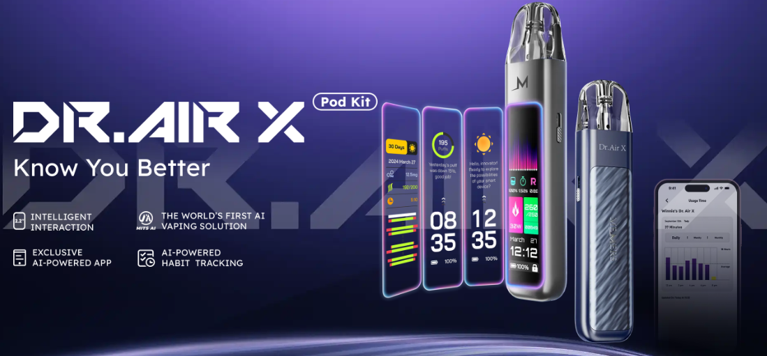 Dr. Air X Pod Kit with detailed display, showing usage stats and AI-powered features