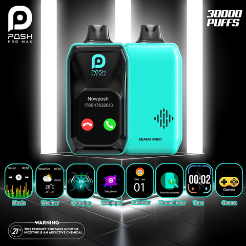 Posh Pro Max Miami Mint vape with 30,000 puffs and smart features.