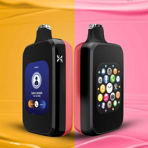 A smart vape device with call and app features on a sleek screen.