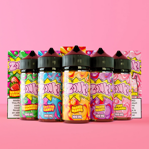 A variety of colorful e-liquid bottles from Zonk! with different flavors.