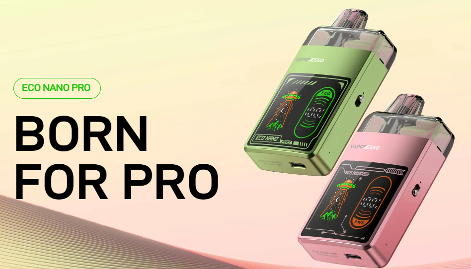Vaporesso Eco Nano Pro in green and pink with a futuristic design and colorful display.