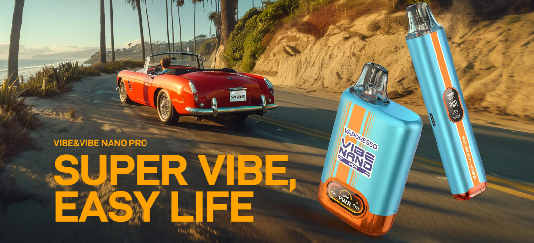 Vaporesso Vibe Nano Pro with sleek blue and orange design, cruising on a sunny beach road.