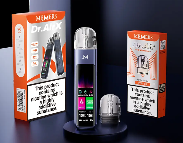 Dr. Air X disposable vape kit with 3D display, showing various features and vibrant colors.