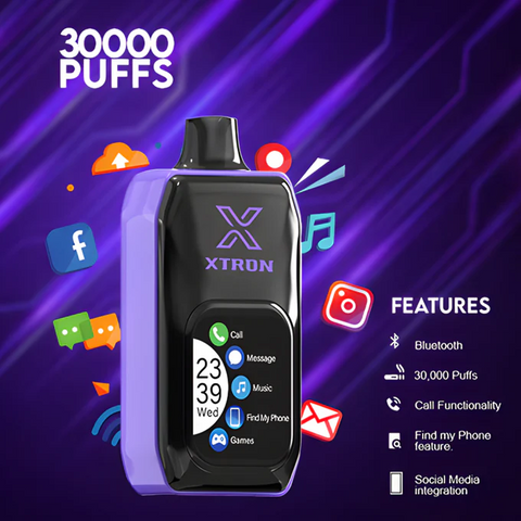 Xtron vape with 30,000 puffs, Bluetooth, and social media integration.