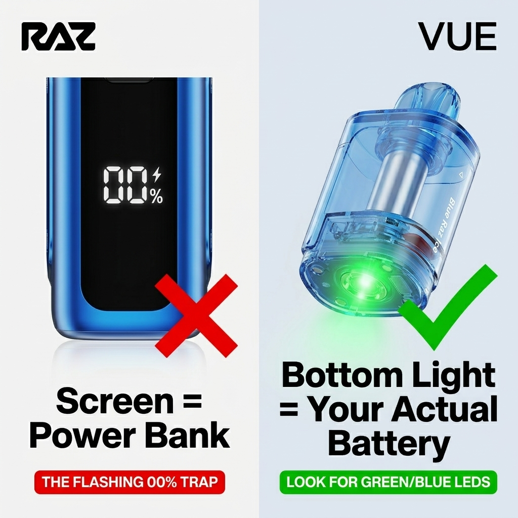 RAZ VUE 50K battery screen 00 percent trap vs bottom LED color guide green blue red